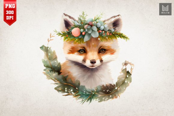 Cute Fox Spruce Branches Watercolor 4 for Crafts