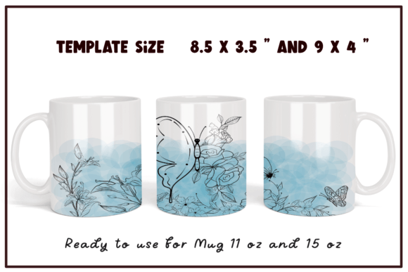Flower Line Art Watercolor Blue Mug for Crafts