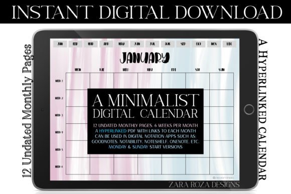 Pink Blue Monthly Digital IPad Calendar for Print Templates Crafters
