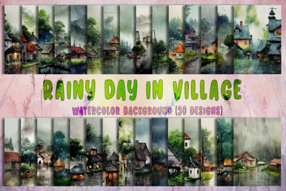 Village Rainy Day Watercolor Background for Lifestyle & Editorial Design