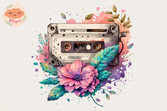 Watercolor Cassette with Spring Flower 1 for Crafts & Digital Sellers