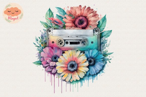 Watercolor Cassette with Spring Flower 9 for Crafts & Digital Sellers